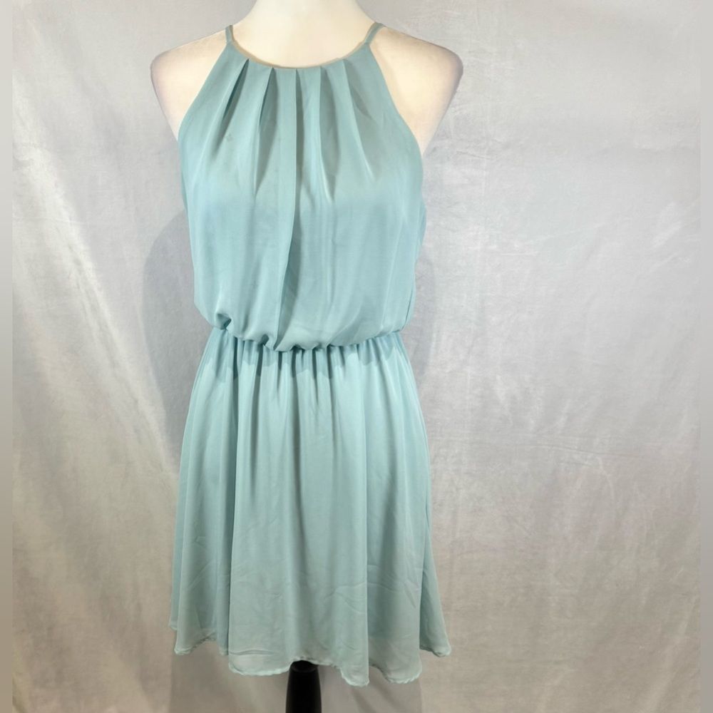 Francesca’s Aina Be sky blue pleated halter top chiffon dress size medium